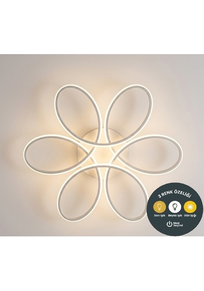 Lzy Avize Store Yonca 6 Lı Beyaz Plafonyer Kumandalı Salon, Mutfak, Çocuk Odası İçin Modern Led Gold