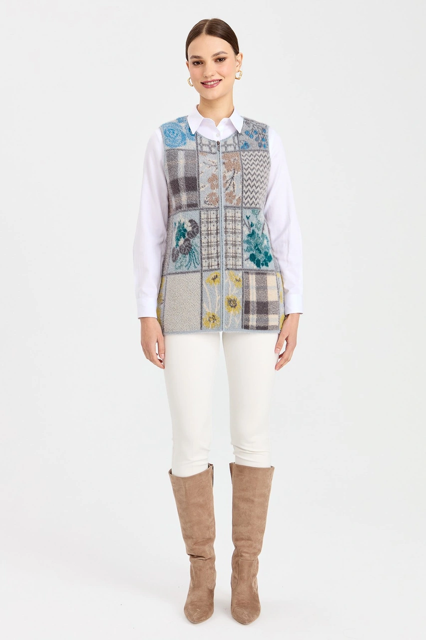 Desen Triko Kadın Sıfır Yaka Patchwork Yelek A.mavi A.mavi