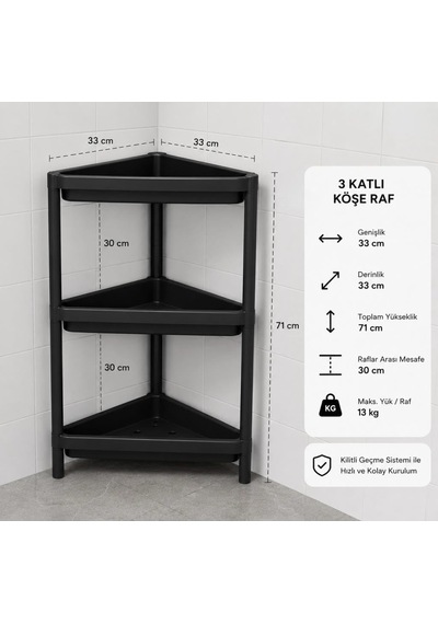 Tr Siyah 3 Katlı 33x33x71 Boyutunda Üçgen Köşe Banyo Rafı & Çok Amaçlı Düzenleyici Genel