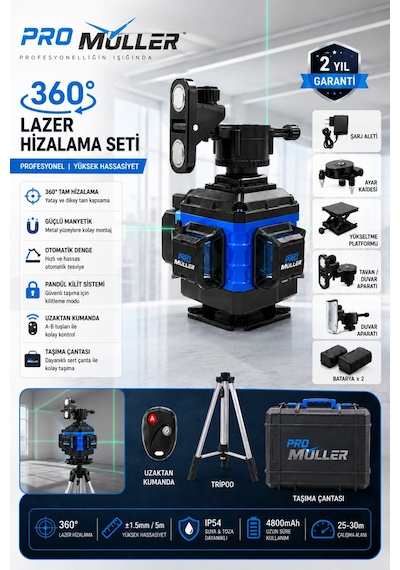 Pro Müller Profesyonel Otomatik Hizalama 16 Köşe 360 Yeşil Lazer Çizgi Hizalama Terazi Çantalı Tripod Ayak