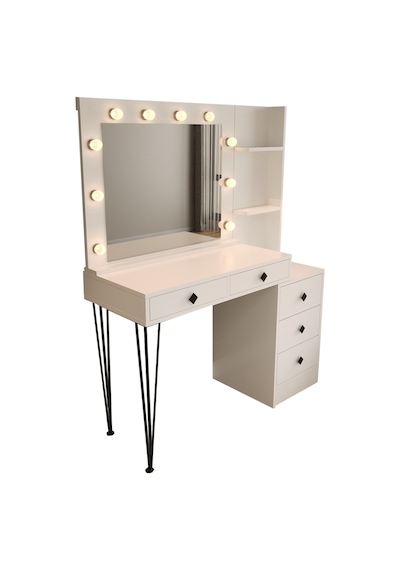 Df02121 Led Işıklı Aynalı Makyaj Masası Raflı Çekmeceli Beyaz Hollywood Model Makyaj Organizer