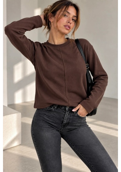 Bb Butik Basic Ön Dikiş Detaylı Basic Sweatshirt Günlük Rahat Kesim My3535 Kahverengi