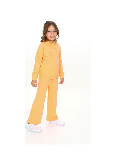 Toontoy Kids Toontoy Kız Çocuk 2'li Takım Kolu Baskılı Kapüşonlu Yırtmaçlı Sweatshirt & Beli Lastikli Bol Paça Eşofman Altı - 2 İplik Turuncu