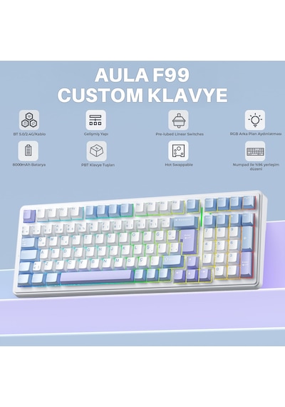Aula F99 Mekanik Rgb Graywood V4 Switch 3 Modlu Kablosuz Makrolu Hot Swap Türkçe Q Klavye Mavi