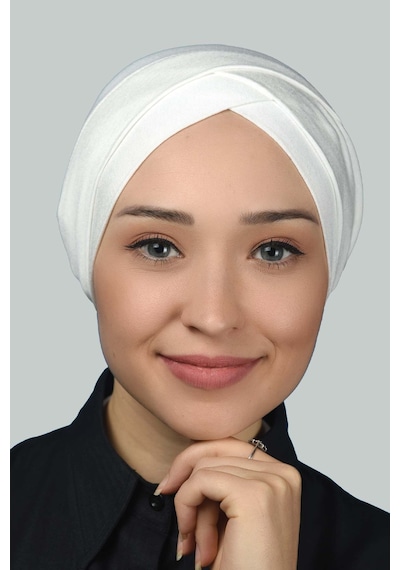 Altobeh Dört Bantlı Çapraz Dış Tesettür Bonesi Hazır Türban Penye - Ekru