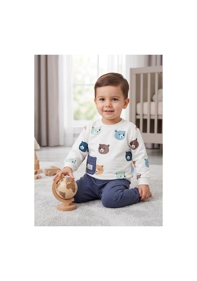 Deniva Kids Erkek Bebek Ayıcık Desenli Cepli Sweatshirt Ve Eşofman Altı 2'li Pamuklu Takım Beyaz