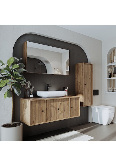 Oval Lavabolu Mat Mdf 120 Cm Çekmeceli Banyo Dolabı + Aynalı Üst Atlantik Çam Oval Lavabolu Mat Mdf 120 Cm Çekmeceli Banyo Dolabı + Aynalı Üst Atlantik Çam