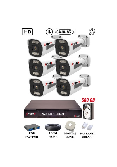 Fury 6 Kameralı Ip Güvenlik Kamerası Seti Sesli 4mp Gece Renkli Su Geçirmez 1506s 500gb