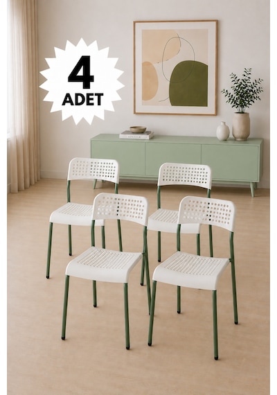 Mira Beyaz/ Yeşil Sandalye Plastik Gövdeli Metal Ayaklı, Mutfak Sandalyesi, Çalışma, Bahçe, Yemek Oda Beyaz/yeşil- 4 Adet