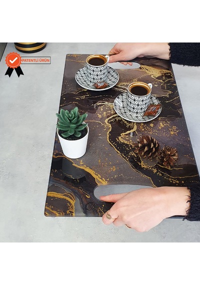 Decorita Cam Tepsi Kahverengi Simli Mermer 29Cm X 52Cm