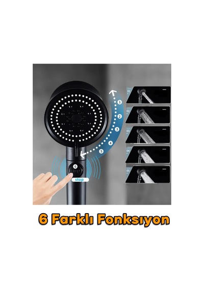 Turbo Fan Pervaneli 5 Fonksiyonlu Star Stop Su Tasarruflu Duş Başlığı Pervaneli Turbo El Duşu Siyah Çok Renkli