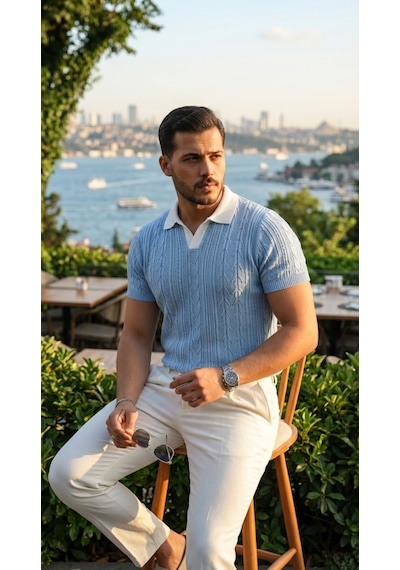 Veraura Lifestyle Erkek Desenli Kısa Kollu Triko Tişört - %100 Pamuk Akrilik Bebe Mavisi
