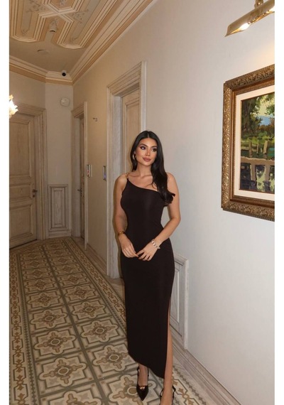 Kechi Woman Dalgıç Kumaş Tek Omuz Aksesuarlı Elbise Kahverengi