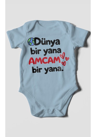 Morivokids Dünya Bir Yana, Amcam Bir Yana Kısa Kollu Bebek Body %100 Pamuk Zbn170-kk Bebe Mavisi