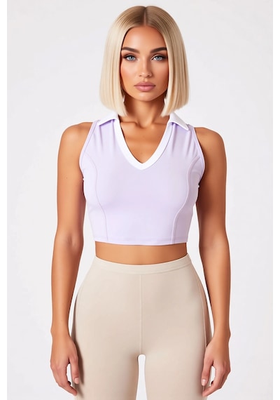 Benerly Kadın Bluz Spor Crop Polo Yaka Kolsuz Dalgıç Scuba Örme Kumaş Reg Lila