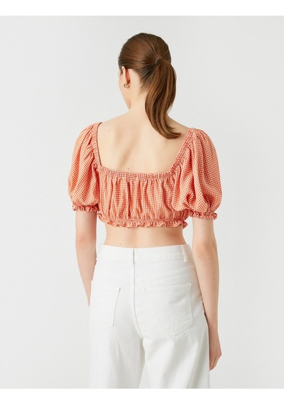 Koton Crop Bluz Kare Yaka Balon Kollu Turuncu Ekose 2sak60189ew 2SAK60189EW2C0 Turuncu