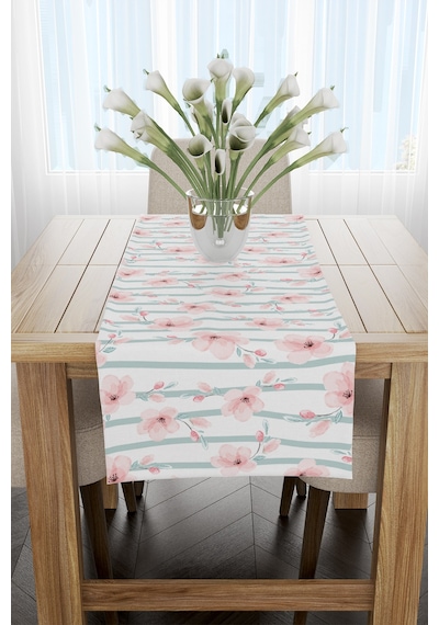 Pembe Yeşil Modern Çiçek Desenli Runner 40x140cm Pembe