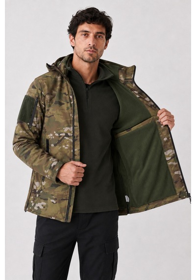 Maison Rae Erkek Outdoor Softshell Kamuflaj Mont Çıkarılabilir Kapüşonlu, Polar Astarlı, Çok Cepli, Patch Cırt Detaylı