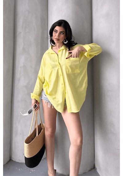 Paw Garage Kadın Harper Çift Cepli Oversize Keten Gömlek, 2025 Summer Collection Sarı