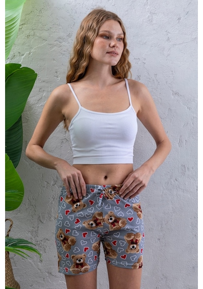 Giysa Kadın Beli Lastikli Desenli Şort Pijama Altı Gri - 2027 Gri