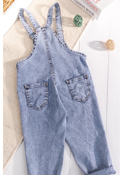 Baby Mod Çiçek Baskılı Denim Kız Çocuk Salopet Kot Tulum Mavi