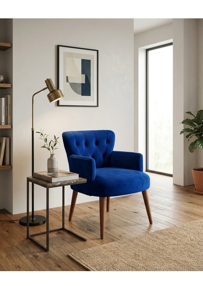 Roma Saks Mavi Babyface Kumaş Berjer Ceviz Ahşap Ayaklı Modern Tekli Koltuk