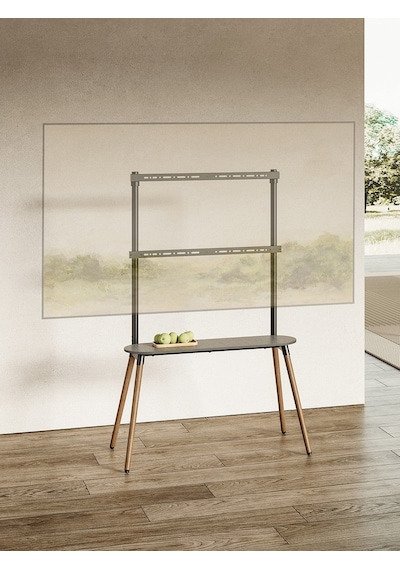 Raflı Şövalye Tipi Tv Standı 49-86 Inç Ahşap & Metal 50 Kg Taşıma Kapasiteli Yükseklik Ayarlı Ceviz