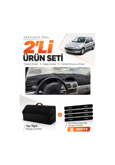Renault Clio 2 Ekranlı 1998-2001 Uyumlu Torpido Örtüsü + Tay Tüyü Bagaj Çantası Seti - Siyah