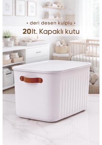 Kulplu Beyaz Dolap Düzenleyici 20 Lt Kapaklı Saklama Kutusu Sepet Oyuncak Kutusu Organizer