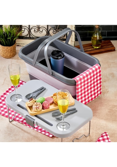 Bigmate Portatif Katlanır Piknik Seti 25lt Silikon Sepetli Masalı Piknik Sepeti Gri
