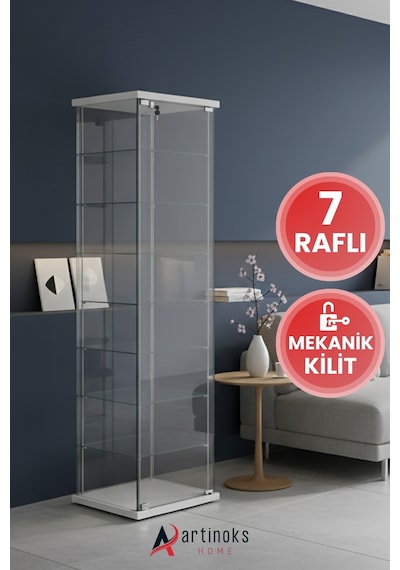 7 Raflı Kilitli, Cam Vitrin, Camlı Dolap, Gümüşlük, Koleksiyon, Sergi Kitaplık Kapaklı Büfe Mutfak Raflı Detolf Beyaz - 7 Raflı Kilitli, Cam Vitrin, Camlı Dolap, Gümüşlük, Koleksiyon, Sergi Kitaplık Kapaklı Büfe Mutfak Raflı Detolf Beyaz -