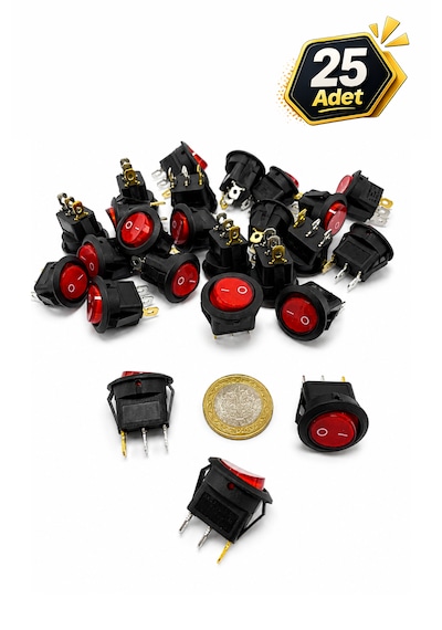Yuvarlak Anahtar Işıklı Kırmızı 3 Pin 23 Mm 25 Adet Aç Kapa On-off - Switch Buton 6a/250vac 10a/125/250vac