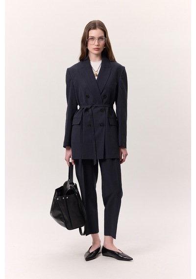 Manuka Tencel Kemerli Kruvaze Blazer Ceket İndigo Indigo