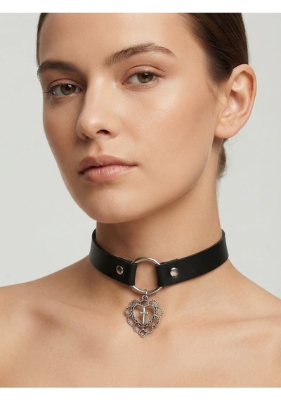 Siyah Pu Deri Haç Figürlü Choker Kolye Gümüş Renk Halka Detaylı Gotik Tarz Kadın Kolye Gtk66 Siyah