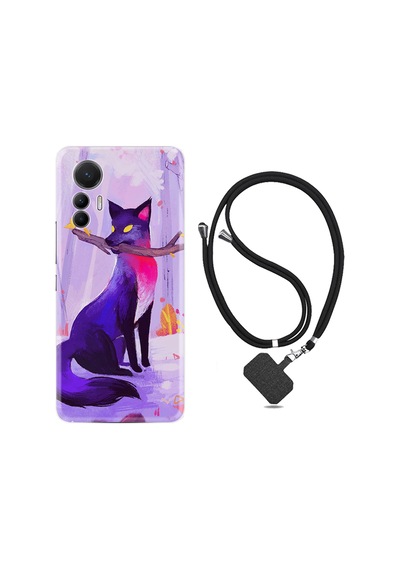 Xiaomi 12 Lite Kılıf İpli Boyun Askılı Desenli Silikon Mor Kurt 1614