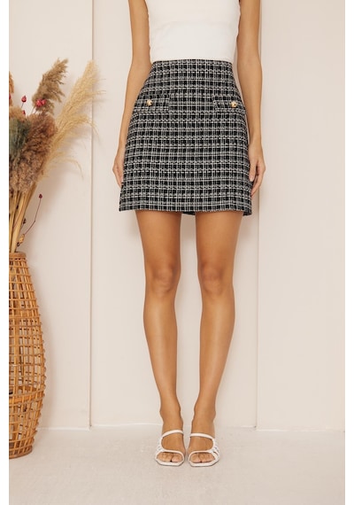 Darlin Moda Siyah Düğme Detaylı Tweed Mini Etek Dm2013 Siyah