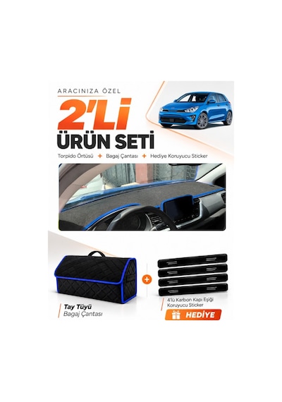 E-biz Kia Rio 2019-2024 Uyumlu Torpido Örtüsü + Tay Tüyü Bagaj Çantası Seti - Siyah-mavi - Kı014