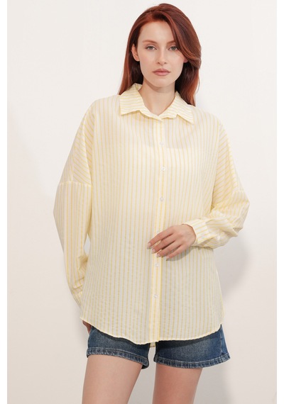 Bigdart Kadın Oversize Çizgili Gömlek 20412 - Sarı