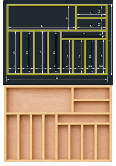60x42 Cm Ahşap Kaşıklık El Yapımı Çekmece İçi Organizer Mutfakta Kusursuz Düzen