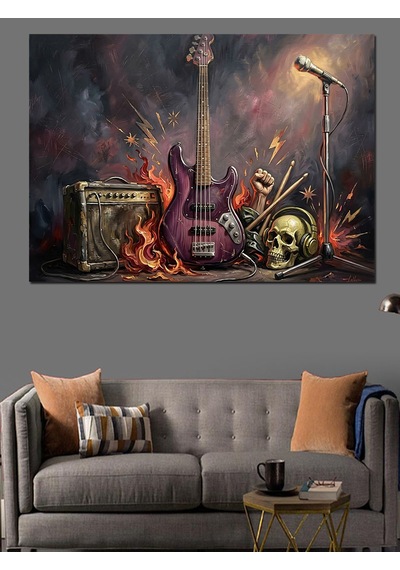 Kurukafa Ve Elektro Gitar Rock Dekoratif Kanvas - Mdf Ahşap Tablo
