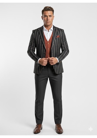 Erkek Çizgili Takım Elbise 3 Lü Set Ceket + Yelek + Pantolon Slim Fit İtalyan Tarz Siyah