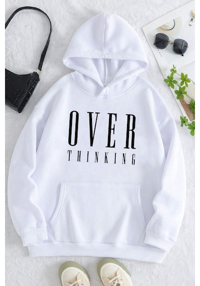 Uyguntarz Over Thinking Baskılı Unisex Oversize Sweatshirt beyaz