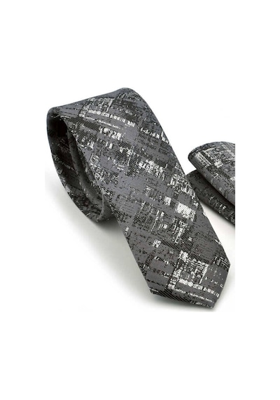 Gaffy Siyah Beyaz Motif Desenli Gri Dokuma Kumaş Mendilli Slim Fit Krav Siyah