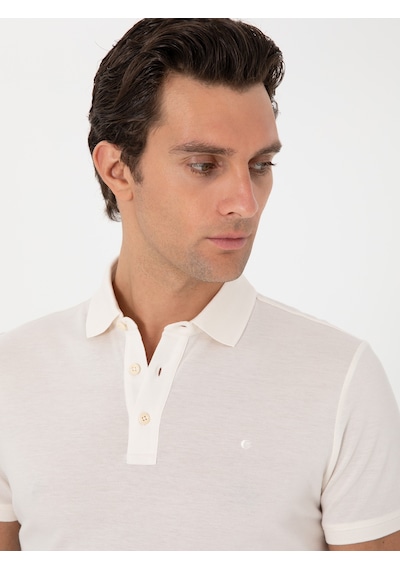 Ekru Slim Fit Polo Yaka Pamuklu Basic T-shirt Bej