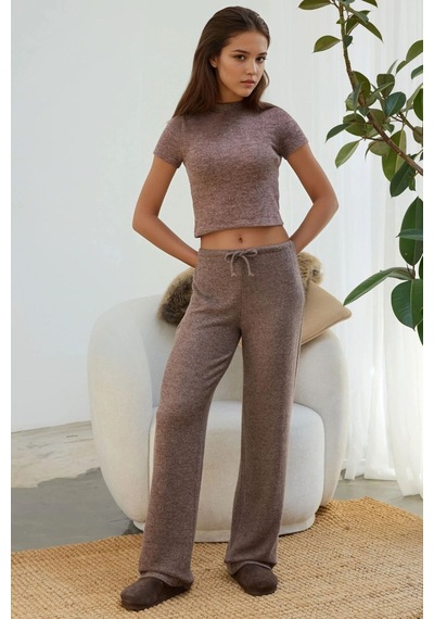 Hiccup Slim Fit Triko Crop Bluz Kestane Kahvesi