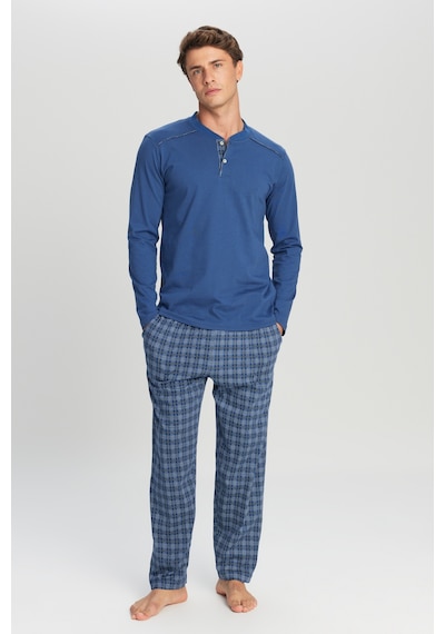 AC&Co / Altınyıldız Classics Erkek Indıgo %100 Pamuk Standart Fit Hakim Yaka Desenli Cepli Pijama Takımı İndigo