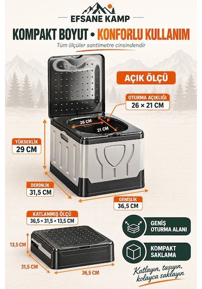 - Fonksiyonel Seyahat Kamp Tuvaleti Gri - Siyah