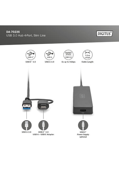 Digitus Da-70236 4 Port Usb 3.0 Çoklayıcı Hub Usb-type-c Soket