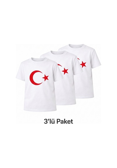 Parti Selesi Unisex 3 Adet Çocuk Bayrak Baskılı Kısa Kollu T-shirt Beyaz