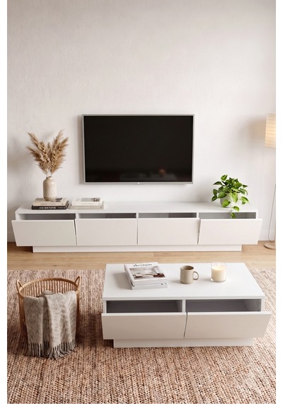 Yurudesign Yoda 200cm Tv Ünitesi Orta Sehpa 2'li Set Beyaz Yd26-w
